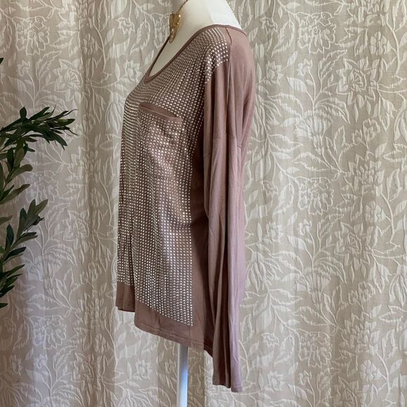 Alberto Makali Tan Stretchy Long Sleeve Rhinestone Shirt Glam Bling Size‎ M - Picture 5 of 8